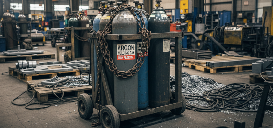 Heavy argon gas cylinders chained to a steel cart causing logistical overhead