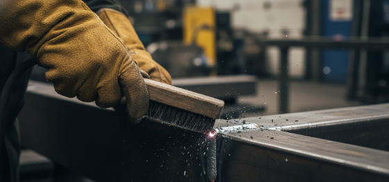 Gloved hand scraping brittle protective slag off a freshly fused metal joint
