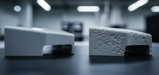 Macro comparison between a flawless glossy machined plastic surface and a cloudy pitted surface ruined by bead blasting