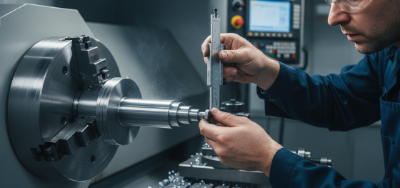 CNC operator using an outside micrometer to verify the outer diameter tolerance of a steel drive shaft