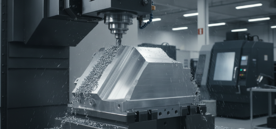 CNC milling center violently shearing rough draft angles from a raw cast aluminum component