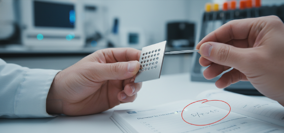 QC engineer using a pin gauge to inspect an etched hole while reviewing the diameter-to-thickness ratio formula QC engineer using a pin gauge to inspect an etched hole while reviewing the diameter-to-thickness ratio formula