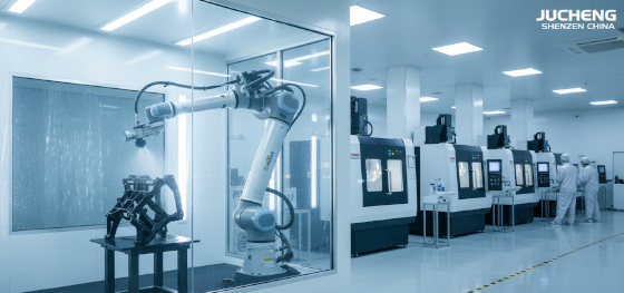Robotic arm painting a plastic prototype inside Jucheng's dust-free water-curtain spray booth in Shenzhen
