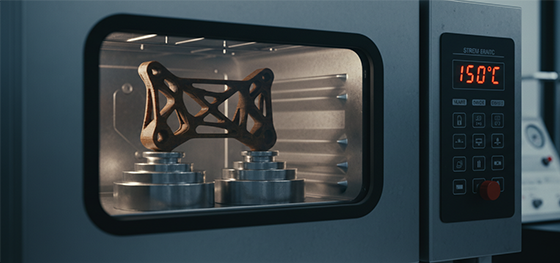 Industrial Ultem 3D printed automotive bracket surviving a high-temperature load test inside an oven without deforming