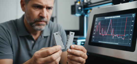 Senior hardware engineer inspecting a snapped PLA 3D printed bracket exhibiting poor interlayer adhesion Senior hardware engineer inspecting a snapped PLA 3D printed bracket exhibiting poor interlayer adhesion
