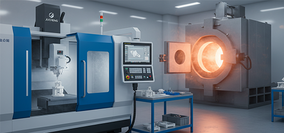 5-axis CNC with an ultrasonic spindle processing advanced ceramics next to a sintering furnace in Jucheng Shenzhen