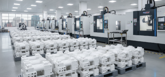 Rows of advanced CNC milling centers producing medical grade white polymer fluid manifolds