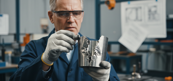 Quality inspector examining a torn metal cup ruined by incorrect material elongation during forming