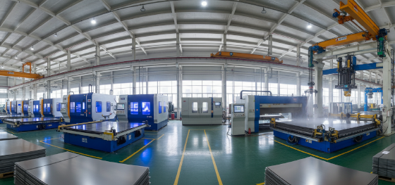 Automated robotic lifters loading massive stainless steel sheets onto advanced fiber laser centers on a factory floor Automated robotic lifters loading massive stainless steel sheets onto advanced fiber laser centers on a factory floor
