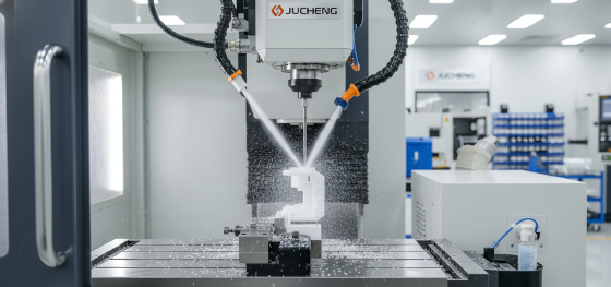 5-axis CNC machining center using air cooling to precisely mill Teflon medical parts in Jucheng's Shenzhen facility