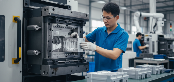 Technician swapping custom aluminum cavity inserts into a Master Unit Die base at Jucheng's Shenzhen facility