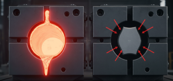 thermodynamic contraction of cooling metals inside industrial molds