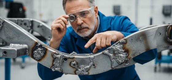 Quality inspector examining a metal chassis ruined by uneven metallic blisters and burnt edges