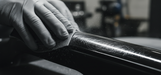 Technician sanding a CNC plastic part with 400-grit abrasive to create mechanical interlocking anchor points for paint