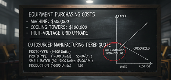 Financial board comparing massive capital expenditures of machine purchasing against lean outsourced manufacturing quotes