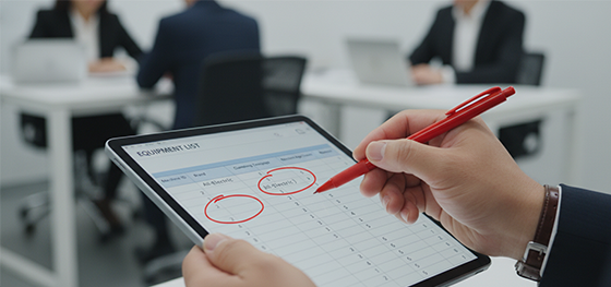 Procurement manager auditing a vendor equipment list and highlighting machine age and electric specifications