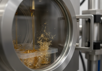 Liquid polyurethane pouring into a silicone mold inside a heavy vacuum chamber.png