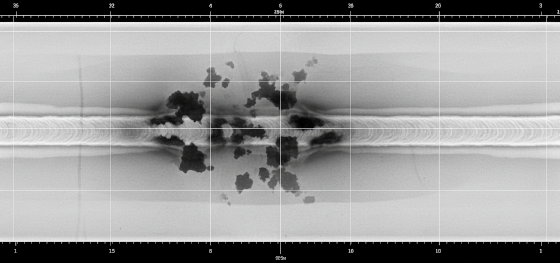 X-ray scan of a welded pipe showing dangerous trapped internal slag defects