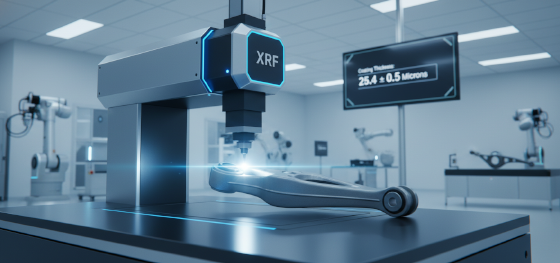 Specialized XRF scanner measuring protective metallic coating thickness on an automotive component