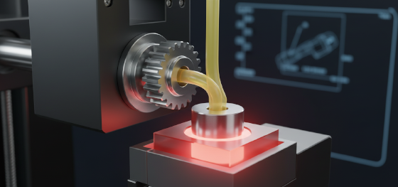 Direct drive extruder gear gripping a soft yellow flexible filament pushing it safely into a heated nozzle Direct drive extruder gear gripping a soft yellow flexible filament pushing it safely into a heated nozzle