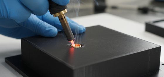 Gloved hand using a heated soldering iron to press a brass threaded insert into a printed nylon enclosure