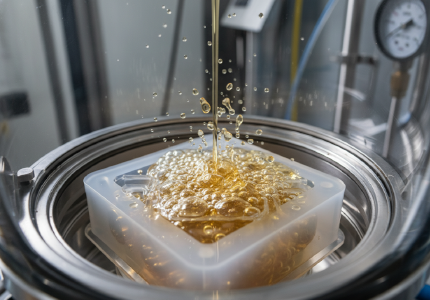 Liquid polyurethane resin poured into a transparent silicone mold under intense vacuum pressure to eliminate microscopic air bubbles.png