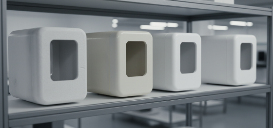 Five medical device enclosures demonstrating the progression from rough resin prints to injection molded polymer