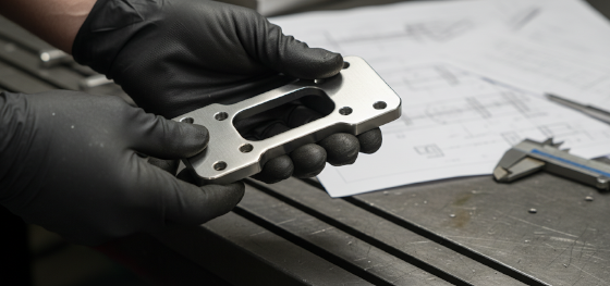 Senior machinist inspecting a highly polished stainless steel medical bone plate on a factory workbench