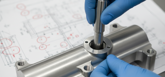 Senior QC engineer verifying CNC hole tolerances using a hardened steel Go No-Go plug gauge on an aluminum manifold