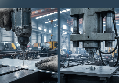 Industrial comparison of driving sharp sheet metal screws versus pressing robust steel PEM nuts into aluminum panels.png