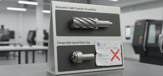 Cost analysis board comparing an expensive carbide thread mill against the massive scrap costs caused by broken cheap taps