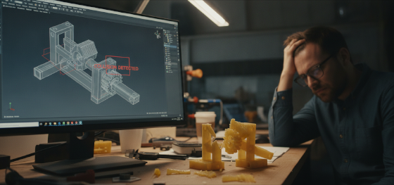 CAD screen showing a collision error matching the physical printed plastic prototype exactly
