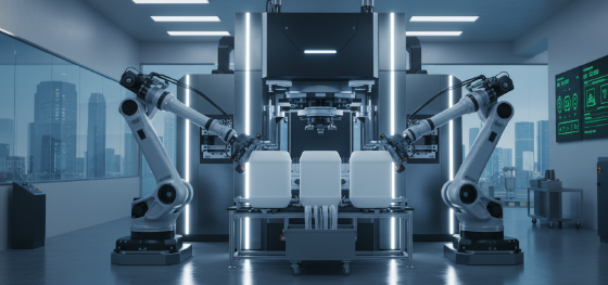 Robotic arms trimming flash from industrial containers at Jucheng's Shenzhen blow molding facility