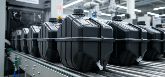 Complex black automotive fluid reservoirs freshly ejected from an extrusion blow molding press