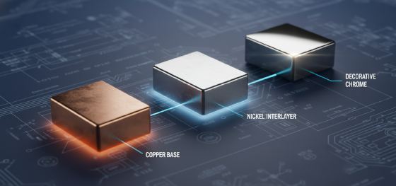copper nickel and decorative chrome layers forming a chemical adhesion bridge